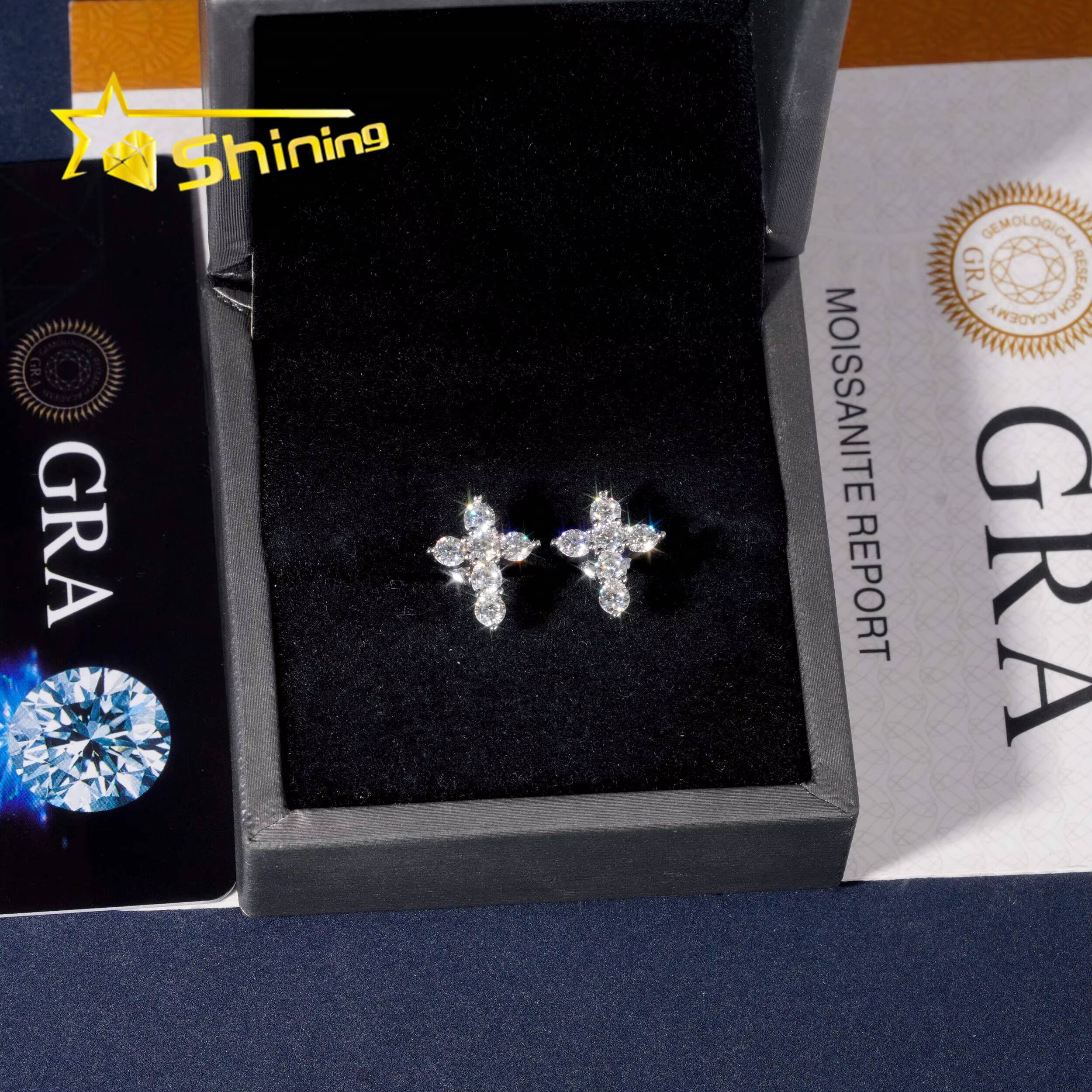 Popular Men Women Stud Earrings GRA Certificated Screw Back Cross Moissanite Earrings Hip Hop Jewelry Silver 925 Earrings