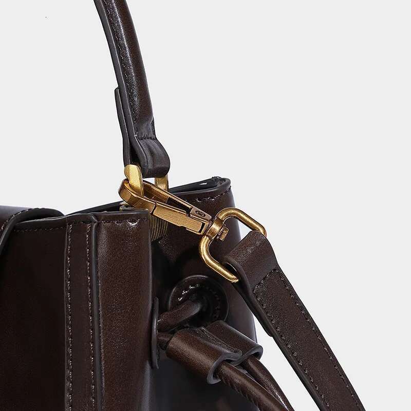 Meet You Women Vintage Buckle Drawstring Bucket Simple PU Material Small Handbag Solid Color OL Daily Commuter Crossbody Bag