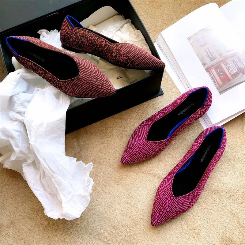 Womens Flat Shoes Ballet Breathable Knit Pointed Flats Moccasin Mixed Color Soft Women Zapatos De Zapatillas Mujer Loafers 250402