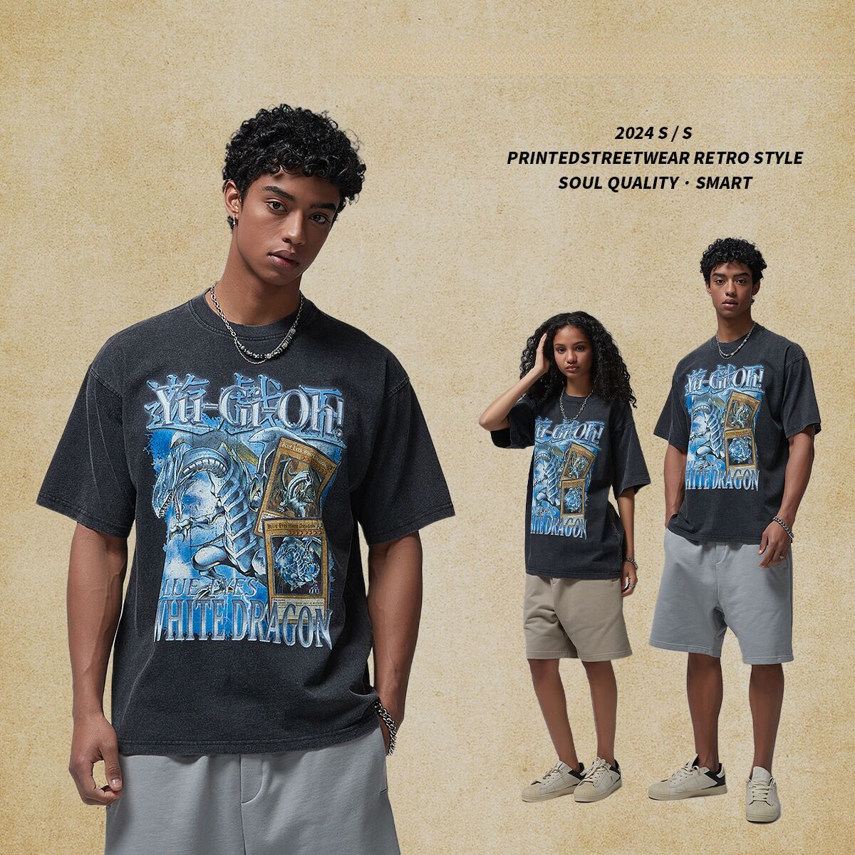 Wear | 2025 Spring/Summer New Product White Ink Digital Direct Spray Printed Short Sleeve T-shirt Men's Trendy Brand Washed T