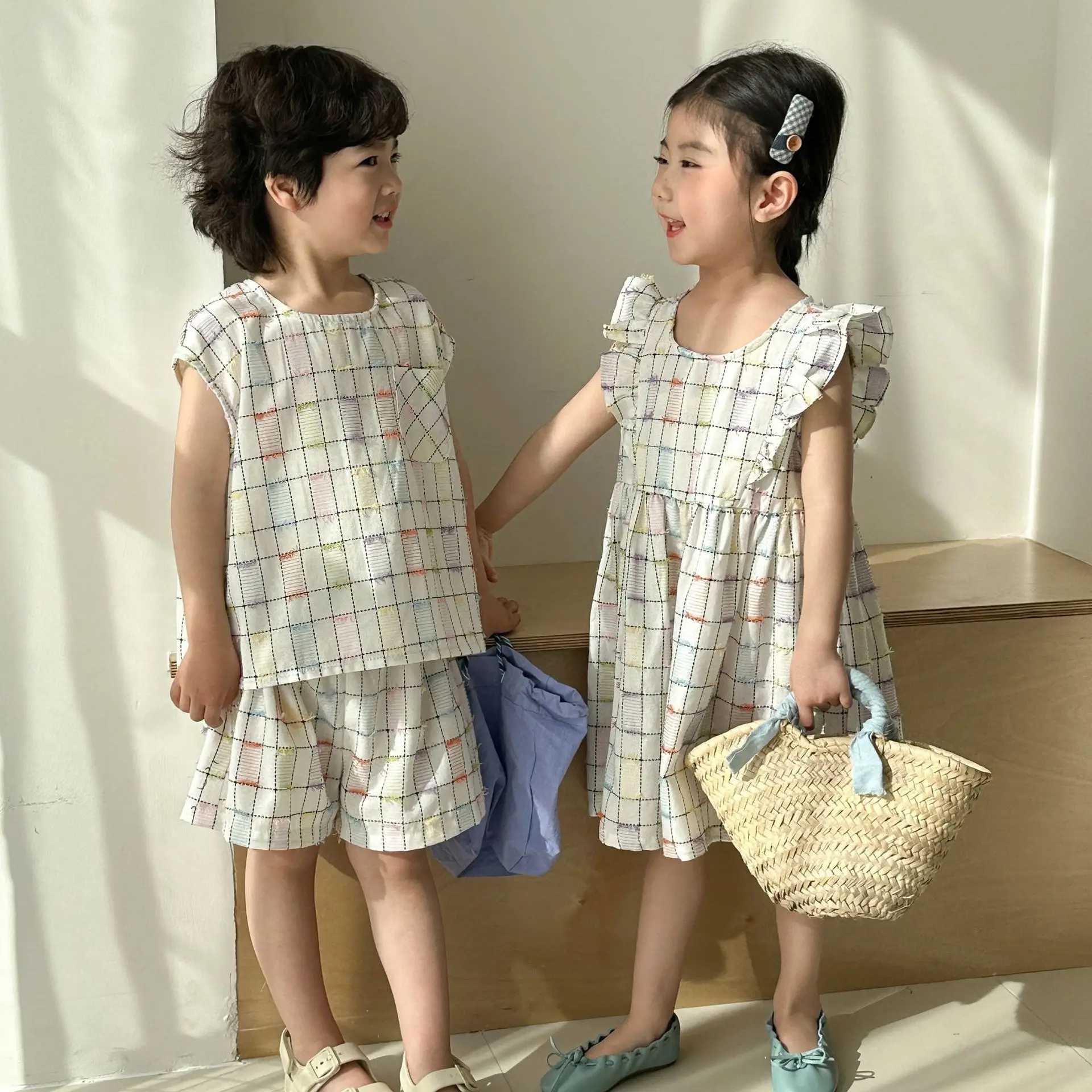 5588 Brothers and sisters Clothing 2025 Summer New Boys Two Piece Set Vest+Short or Cotton Rainbow Solid Baby Girls Dress S2548