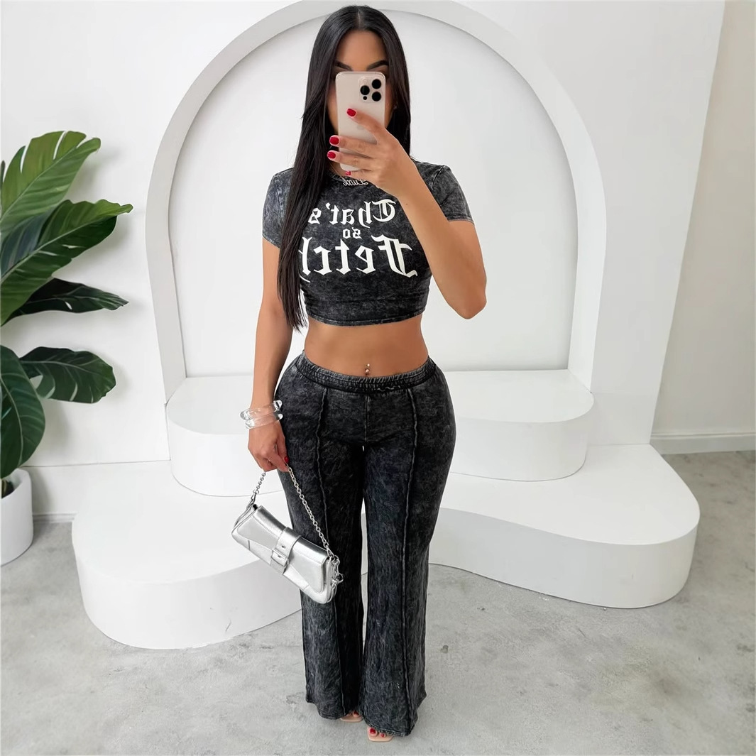 2025S Designer Women S Set New High Hiphop Solid Color Street Printed Short Sleeved Top Straight Pants Set For Women