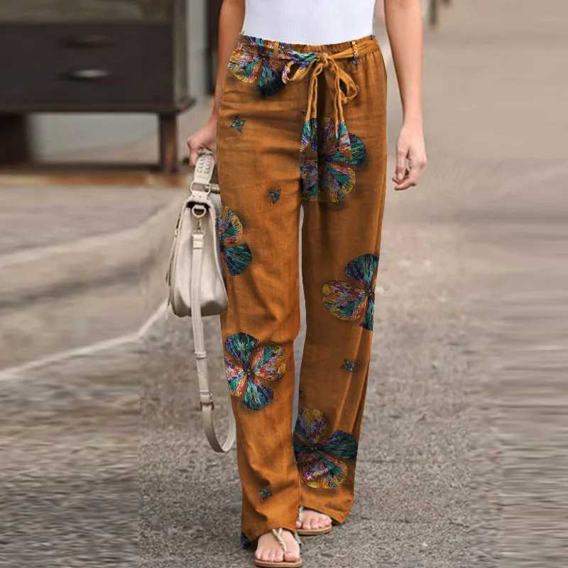 Casual printed cotton linen straight leg pants for women fashionable lace elastic waist home Trouser Fe Plus size pantsXJ250403
