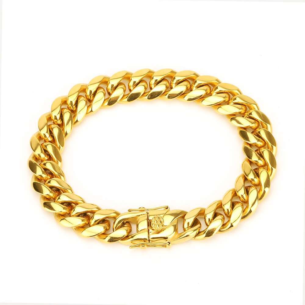 Gold Plated Stainless Steel Cuban Link Chain Bracelet with Secure Box Buckle 14mm