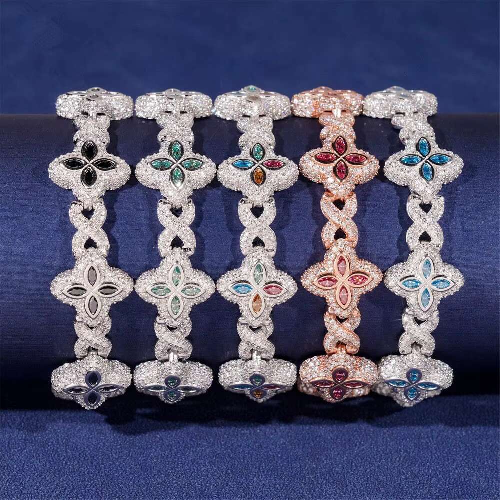 DE Hip Hop Iced Out Colorful Moissanite Clover Cuban Chain Clover Moissanite Cuban Bracelet 925 Silver Hip Hop Clover Bracelets