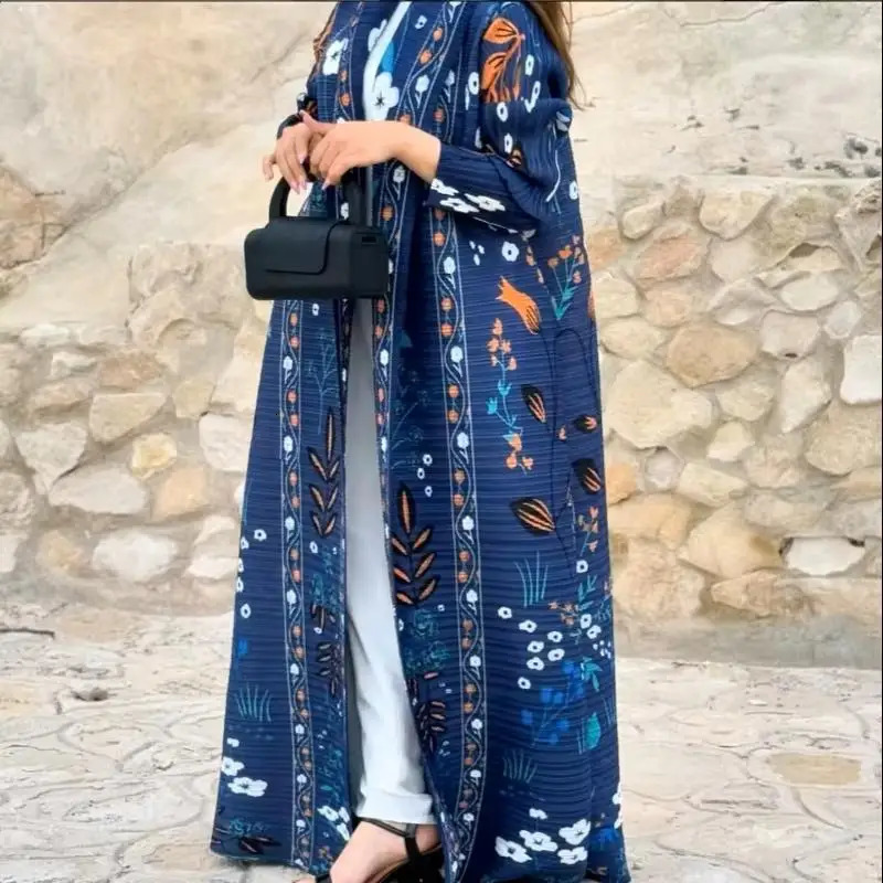 Abaya Mosong Fashion Miyake Pleated Spring and Autumn Long Sleeve Scarf Collar Print Over A Robe 250409