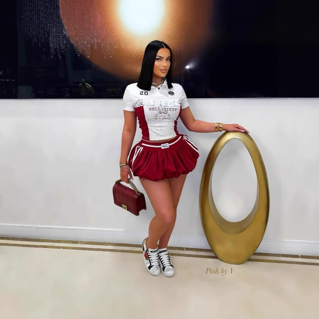 2025S Designer S Summer Lace Letter Printed Buckle Top Waist Fluffy Short Skirt Set For Women