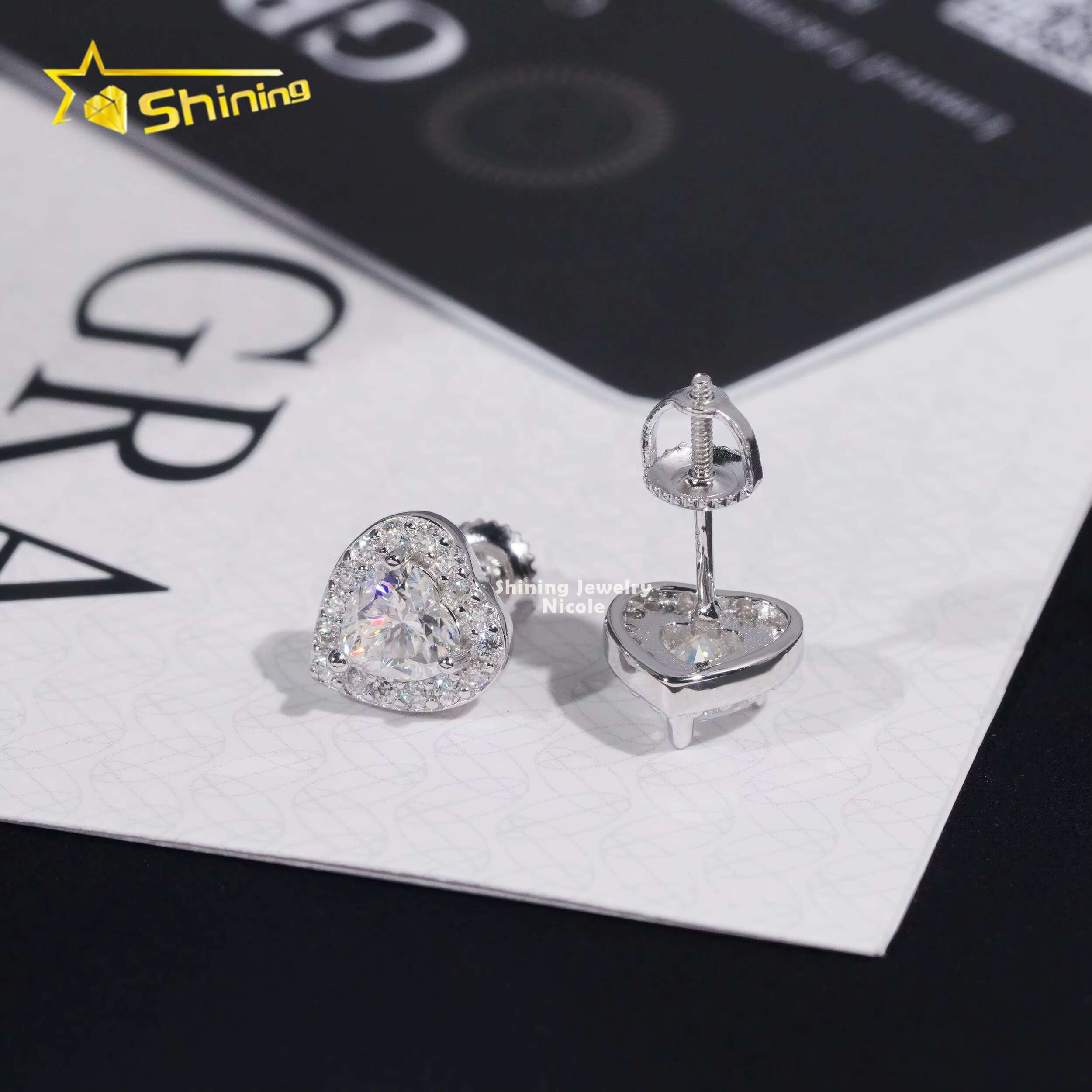 Hip Hop Style High Quality Wholesale Price 925 Sterling Silver Moissanite Stud Heart Earrings