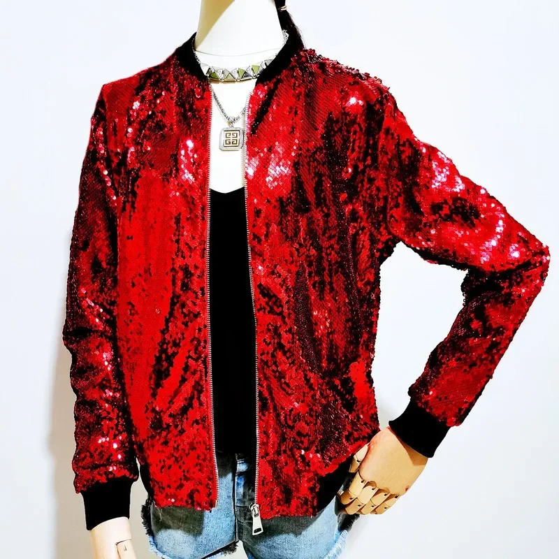 Baseball collar womens sequined long sleeved jacket fashionable casual available in green silver gold and black Asian size S3XL 250409