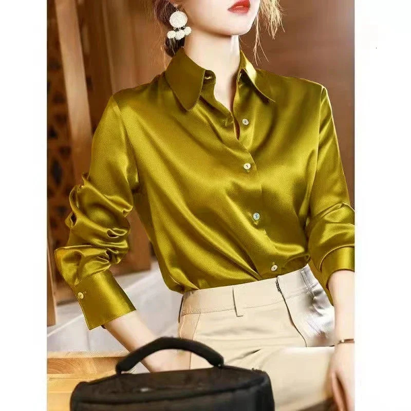 POCZCIY Autumn Fashion Womens Casual Elegant Satin Long Sleeve Shirt Office and Tight Clothing 250409
