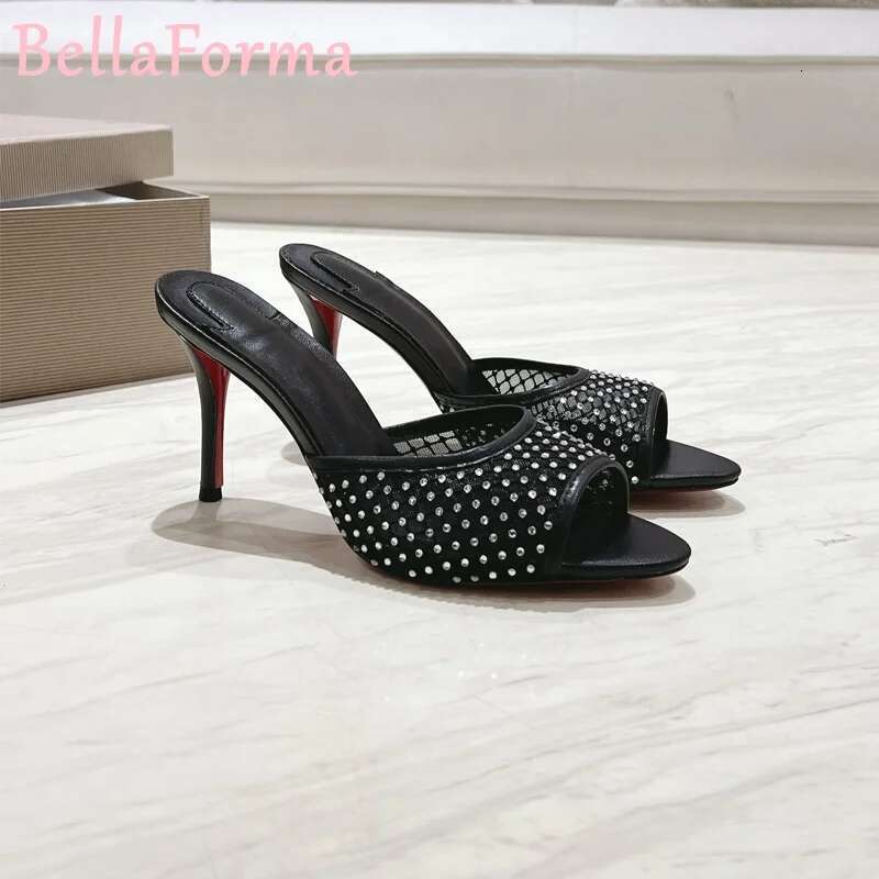 Veet Crystal High-Heeled Mule Slippers Plaid Mesh Denim Sexy Shiny Elegant Casual Simple Open-Toed Fish Mouth Stiletto Sandals