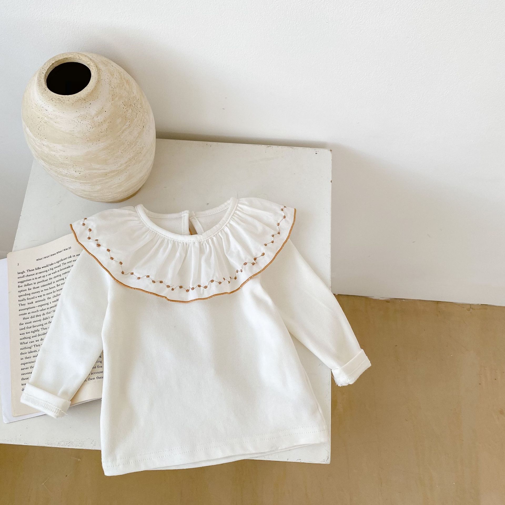 Ddmyshoesvip Baby And Toddler T Shirt Autumn New Style For Baby Girls With Embroidered Lotus Leaf Collar As The Base White Versatile Top