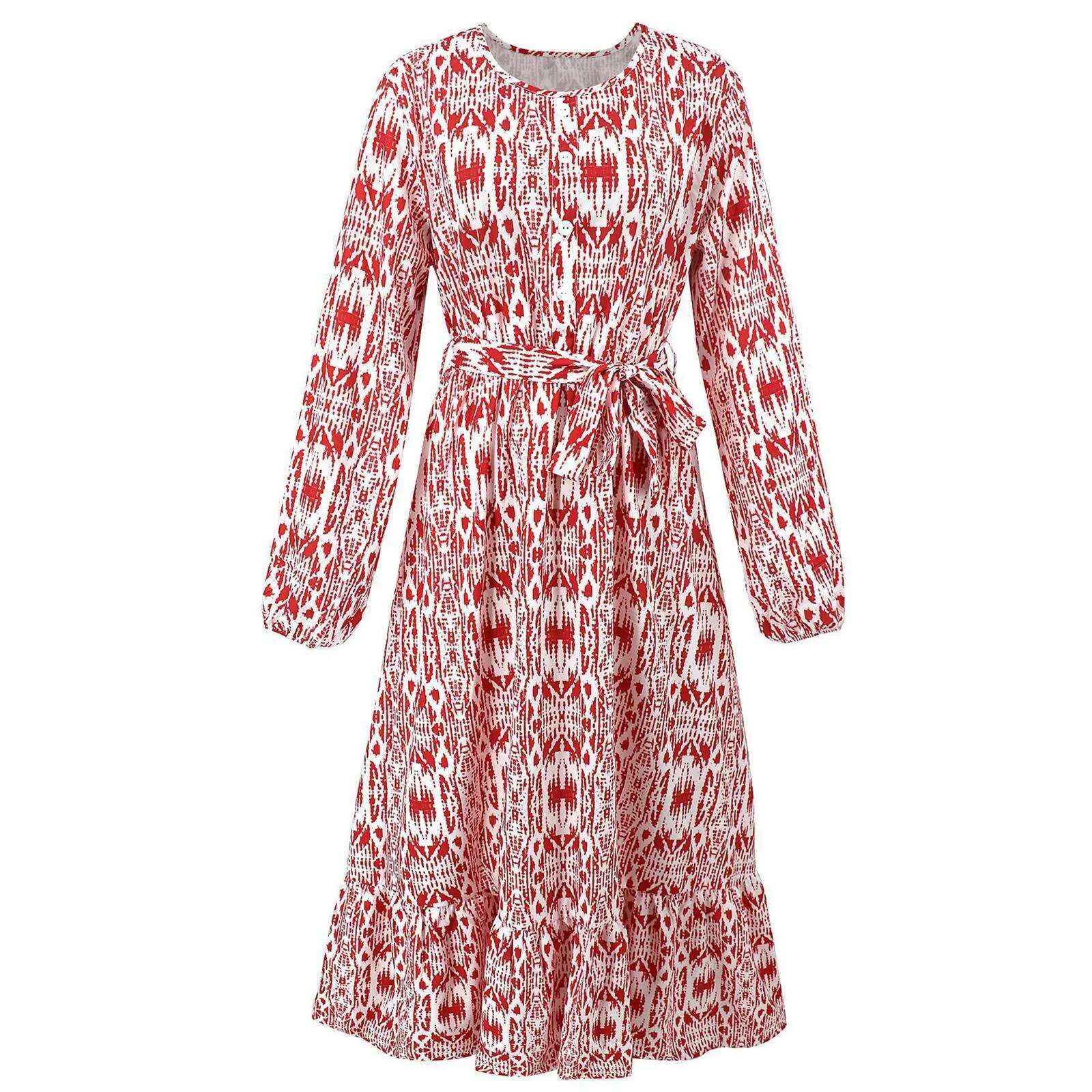 Dongdumaoyi Elegant Long Robes Female Ethnic Buttons Print Round Neck Party Dresses Casual Holiday Women Sleeve Maxi Dress
