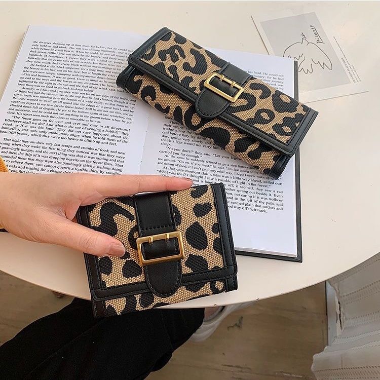 Fashion leopard print canvas wallet short coin wallet multi card slot buckle long handbag new trendy designer wallet
