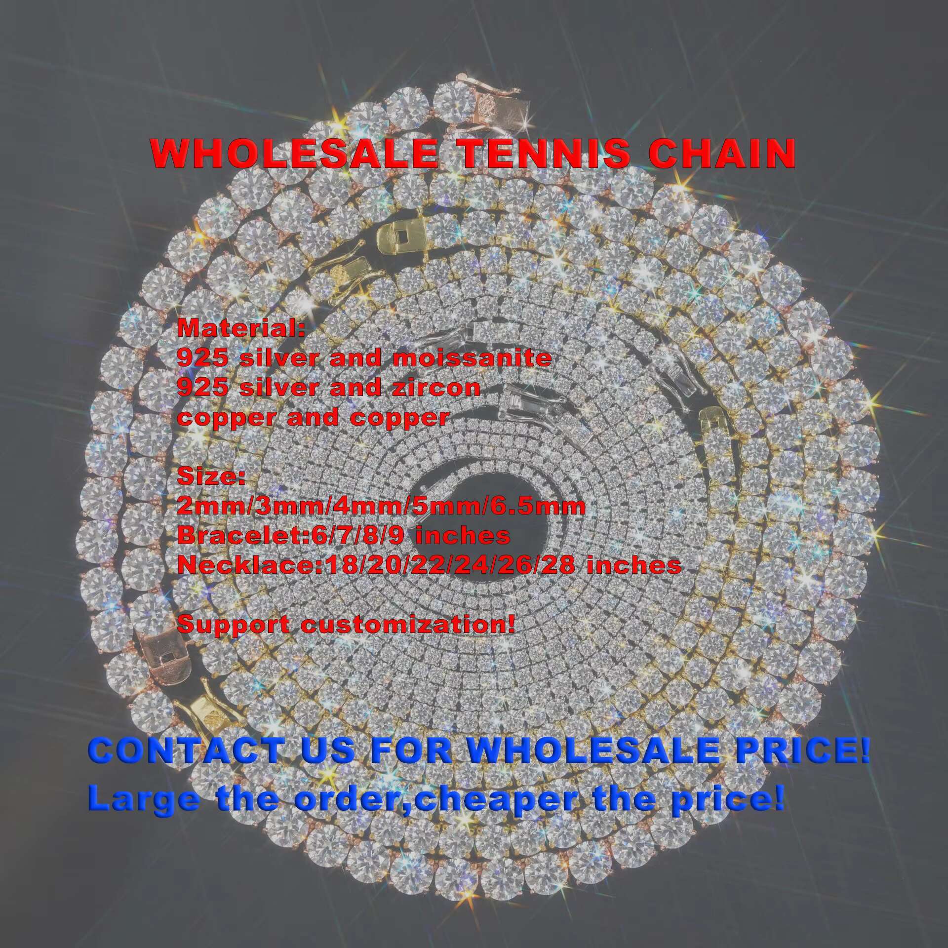 Fashion Jewelry Iced Out Diamond Tennis Chain Inches 925 Sterling Silver VVS Moissanite Tennis Chain Necklace