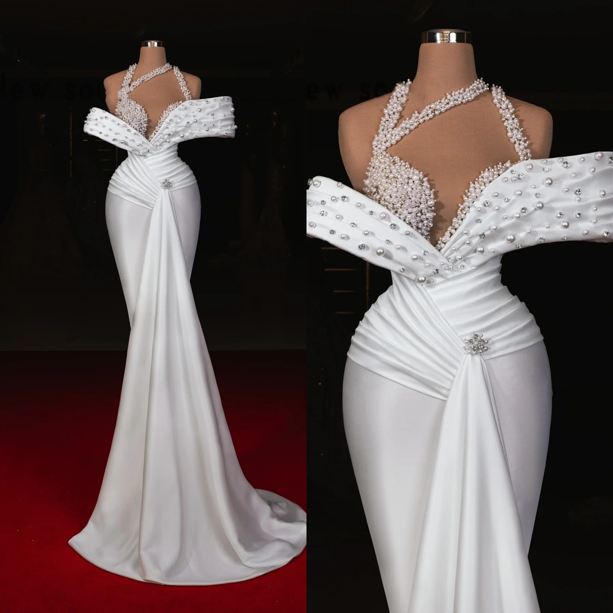 Elegant Evening Dresses Sheer Neck Sleeveless Gown Pearls Beaded Crystal Sweep Train Dress Party Customized Dress