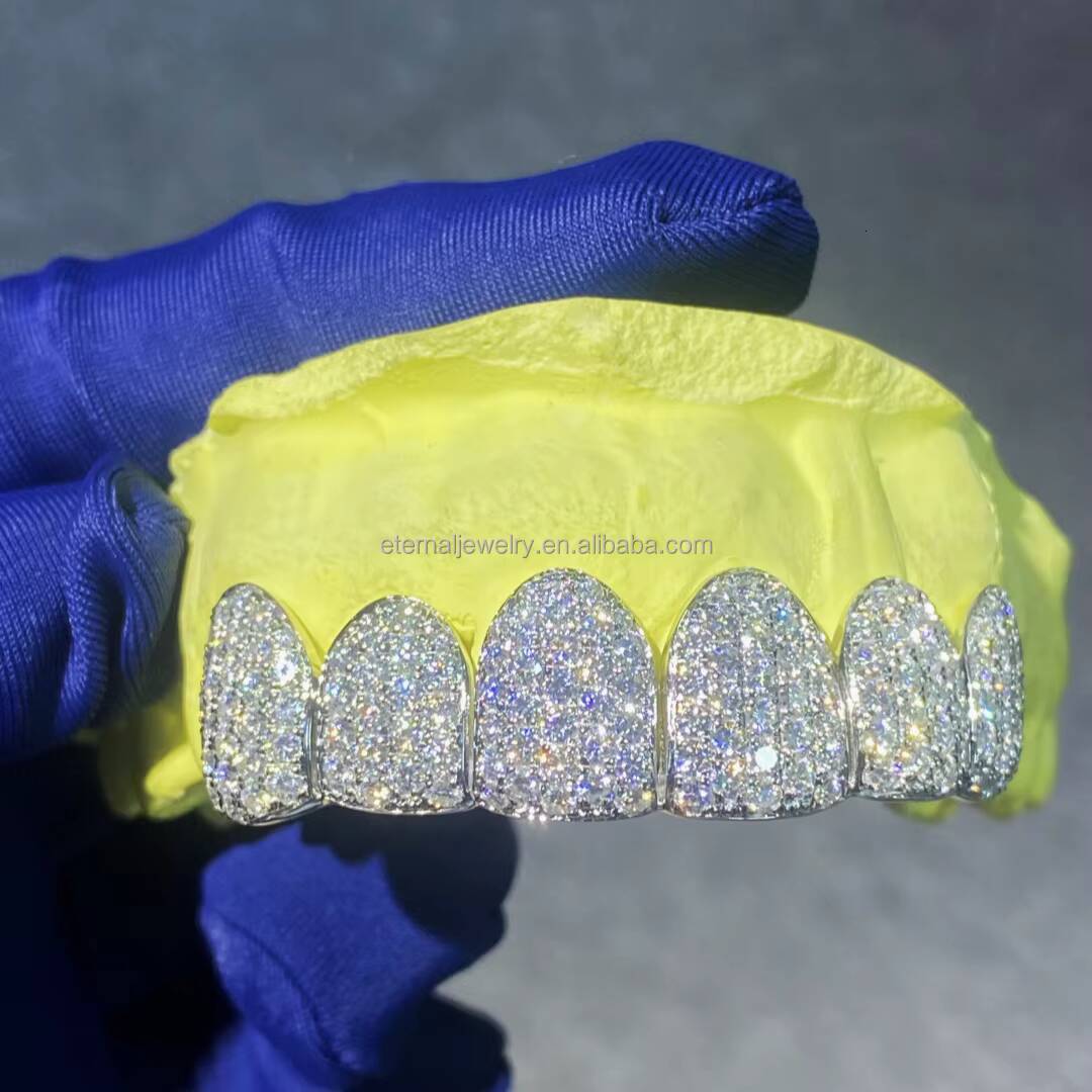 Custom Single Tooth Grillz Moissanite Perm Cut 14k 18k Real Gold 925 Silver 6 Teeth Grillz Vvs Moissanite Grillz