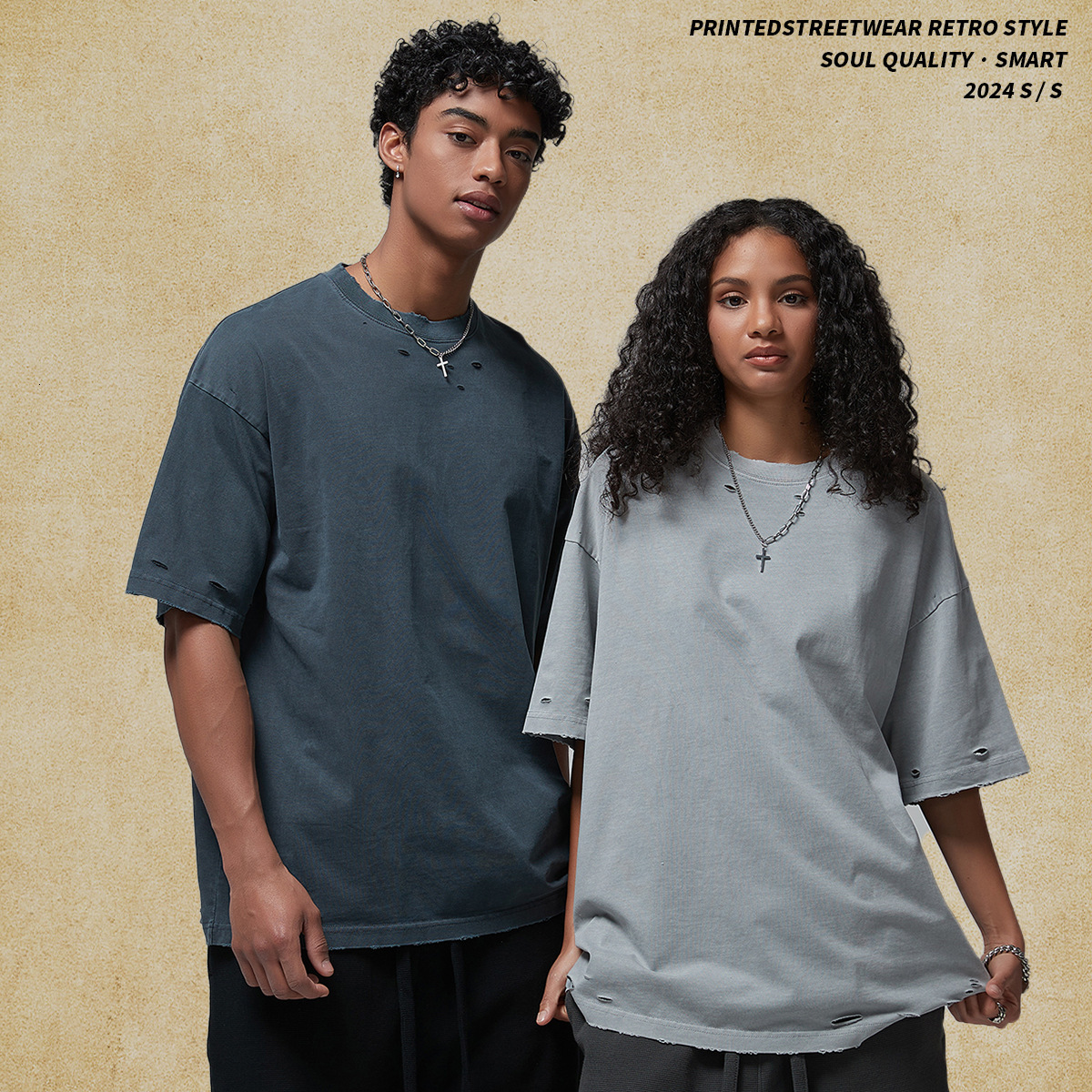 New products for spring and summer 2025: distressed cut, washed water T-shirt, American fashion brand plus size men's T-shirt