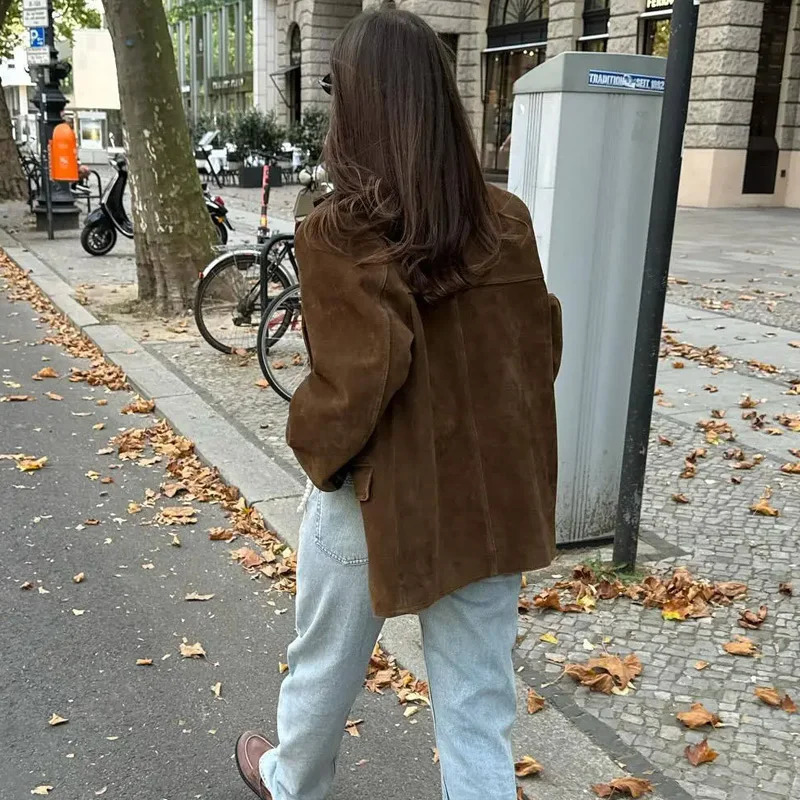 Traf womens jackets outerwear office clothes womens suede jackets long sleeved solid jackets jackets old long jackets 250403 - view 4