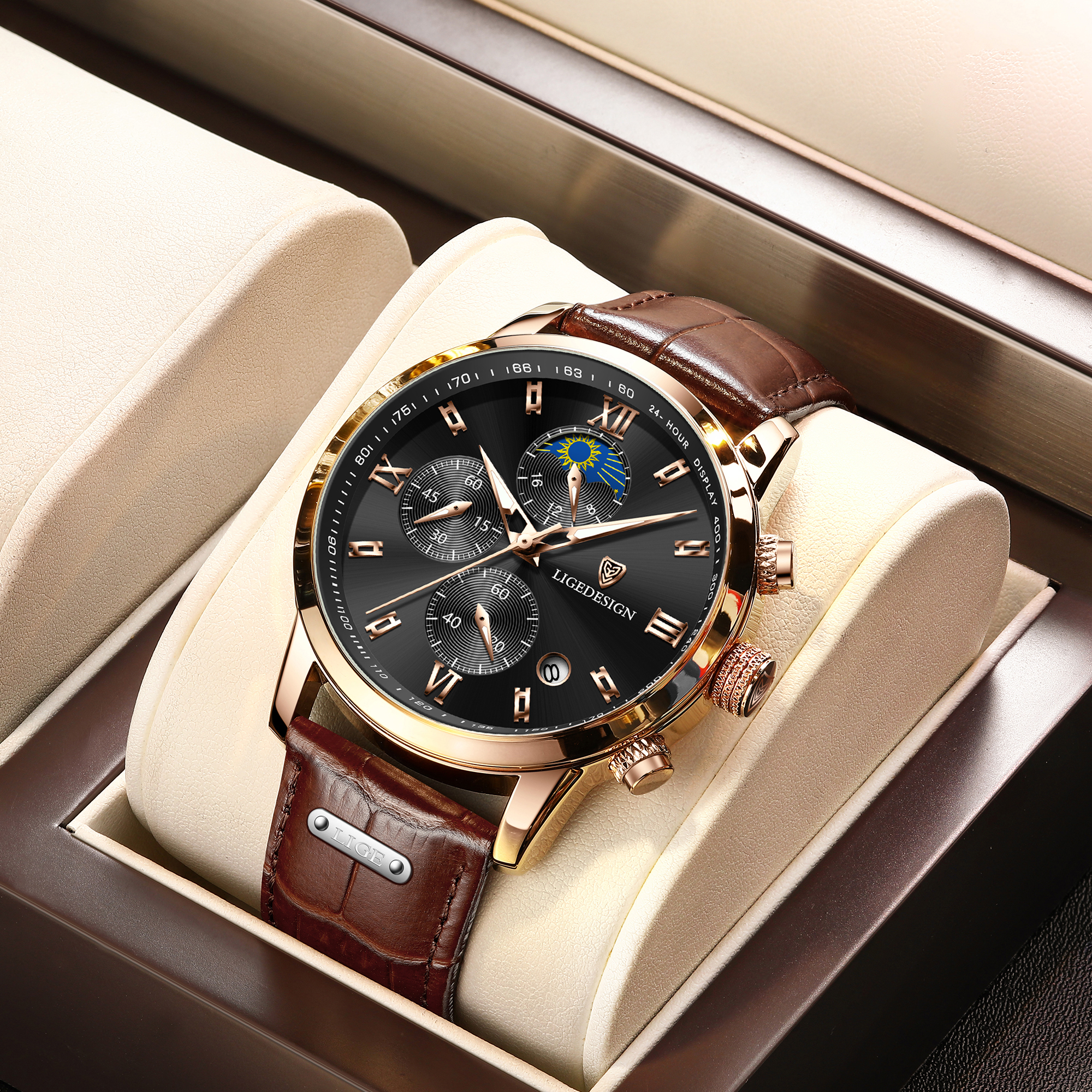 LIGE Men's Quartz Watch 24-hour Moon Phase Calendar Multi-Function Six-pin Watch Classic Business Watch Leather Watch Life Waterproof Watch Quarz