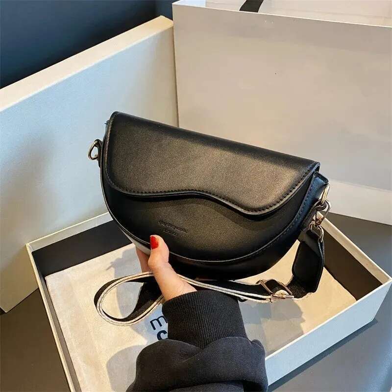 Women Vintage Solid Color Flap Small Saddle Shoulder Underarm Fashion PU Leather Wide Strap Crossbody Bag