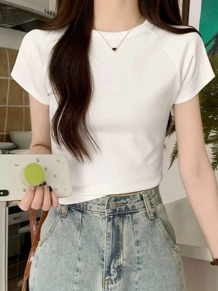 2024 Sexy O Neck Slim T Shirt Women Cotton Elastic Basic Solid Female Casual Korean Tops Short Sleeve Thin T-shirts