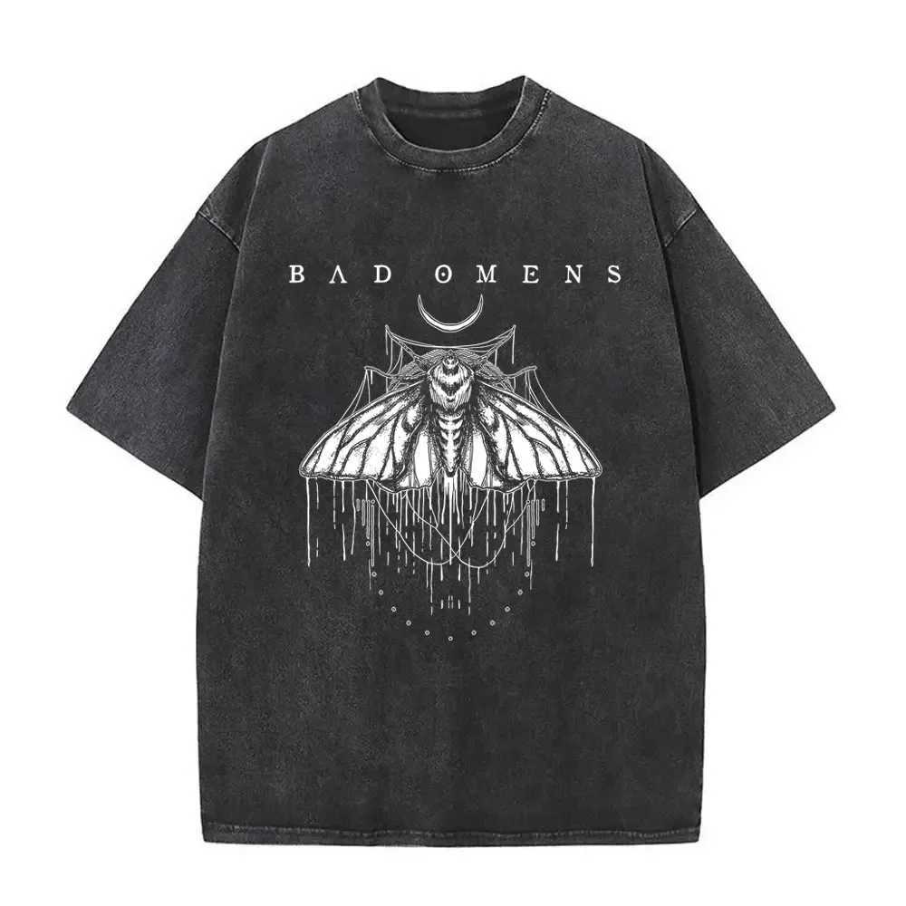 Washed Vintage Bad Omens Print T-shirt Funny Moth Graphic T-shirt Mens Fashion Hip Hop Street Clothing Short Sleeve T-shirt MensXJ250409