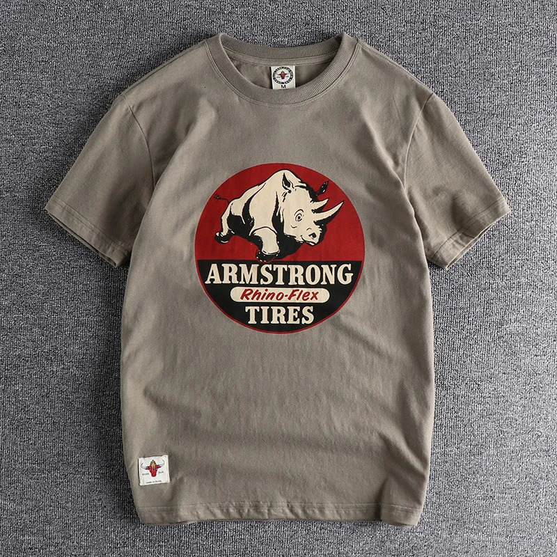 Summer American Retro Short sleeved Oneck Rhino Printed Tshirt for Men Fashionable and Simple 100% Cotton Laundry Casual Sports Top 250409