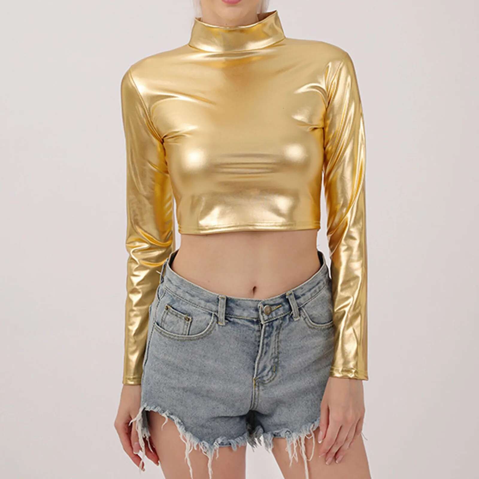 Dongdumaoyi Women Metallic Liquid Crop Top Turtleneck Long Sleeve T Shirt For Rave Club Dance Costume Wet Look Short Holographic Cropped