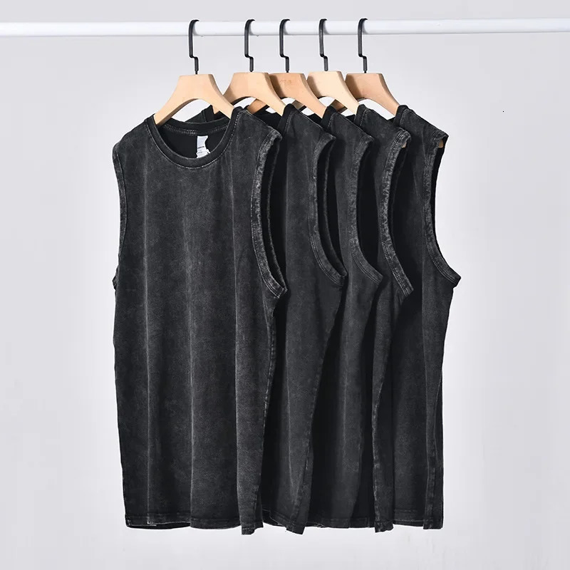 100% pure cotton retro vest Tshirt mens oversized washable top summer womens sleeveless short sleeved Y2K streetwear 250409
