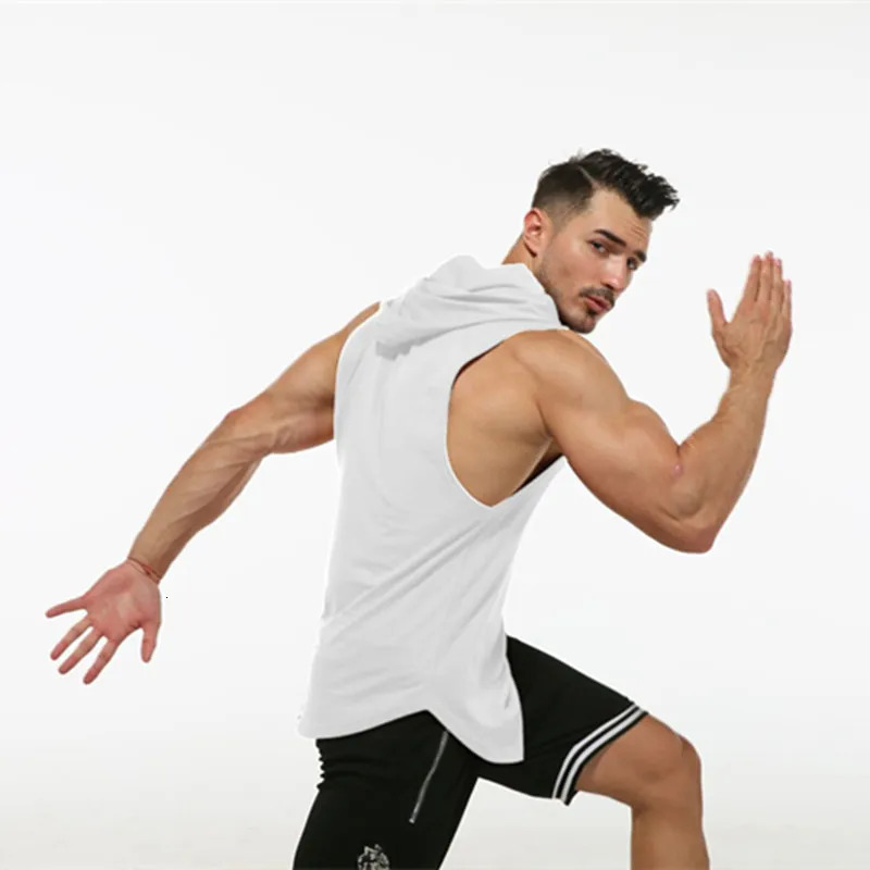 Fitness solid color 100% pure cotton vest mens fitness sports sleeveless hooded sweatshirt exercise Tshirt 250409