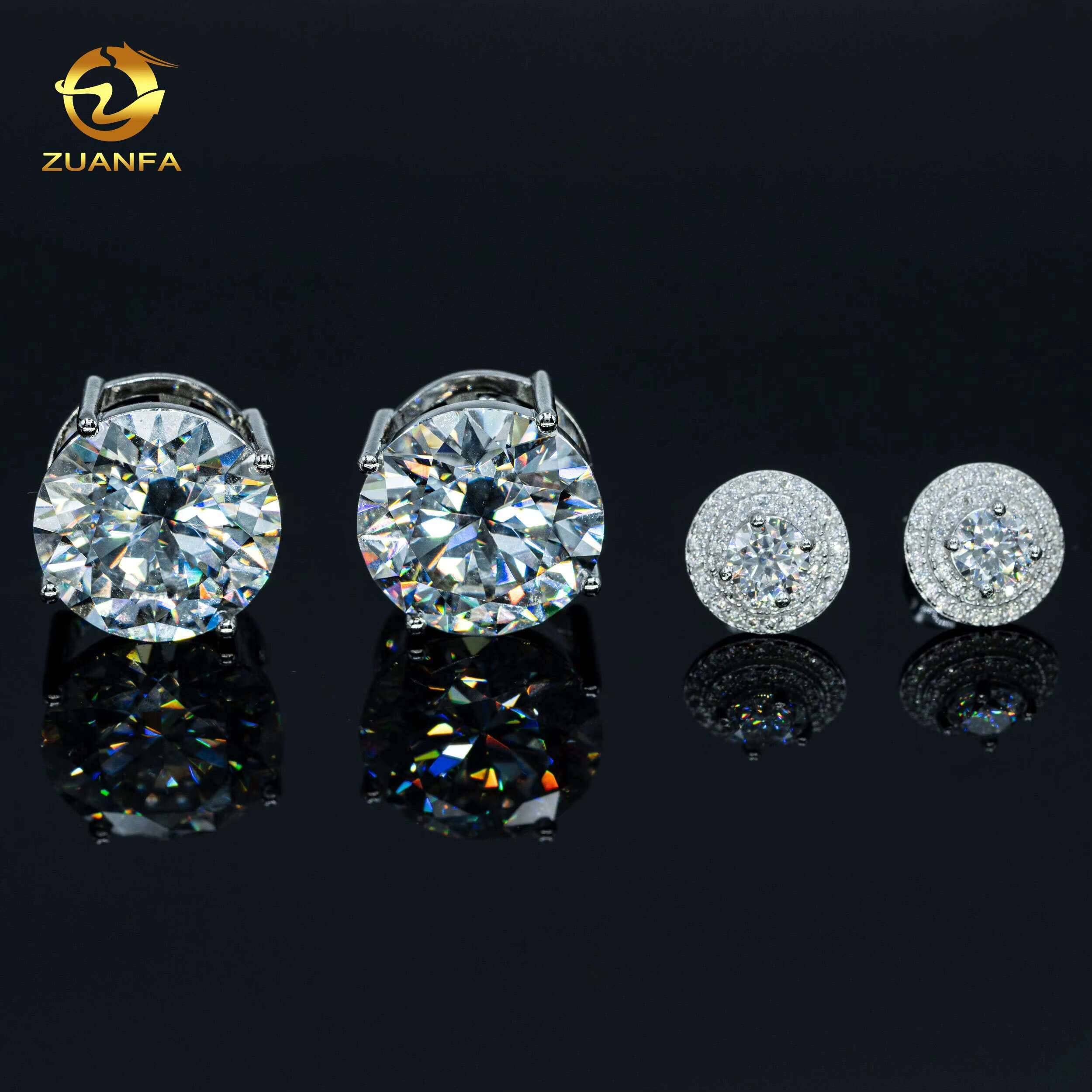 Zuanfa Fashion Moissanite Jewelry Big Size Stud Earrings 8mm 10mm 15mm 4 Claws Screw Back Round Moissanite Earrings 925 Silver
