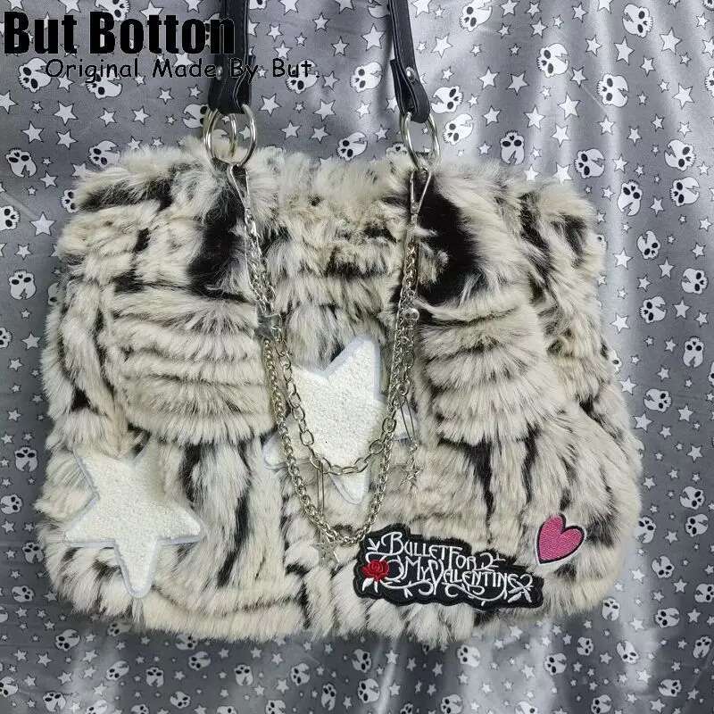 Women Y2k Girl Vintage Large Capacity Gothic Handbag Tote Haruku Bag Stars Furry One Shoulder Underarm Bags Messenger Bags