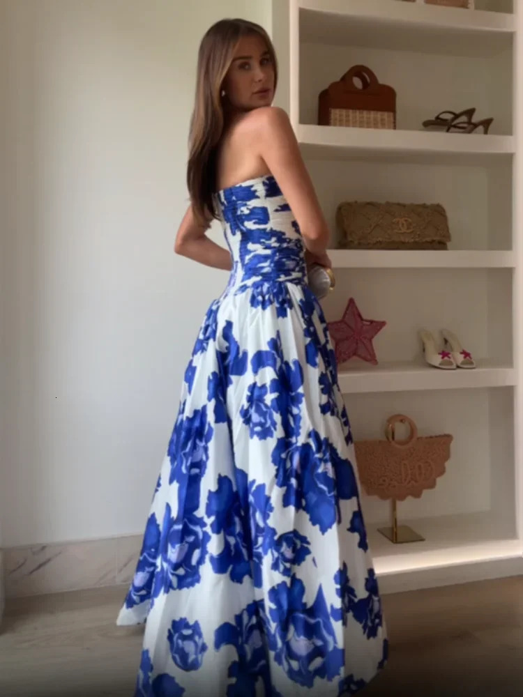 Womens blue printed pleated high waisted Aline dress sexy strapless backless long elegant evening gown 250409