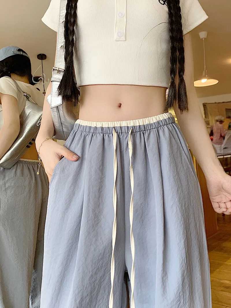 High waisted thin wide leg pants for womens summer new style Korean fashion chic color matching college style straight casual pantsXJ250403