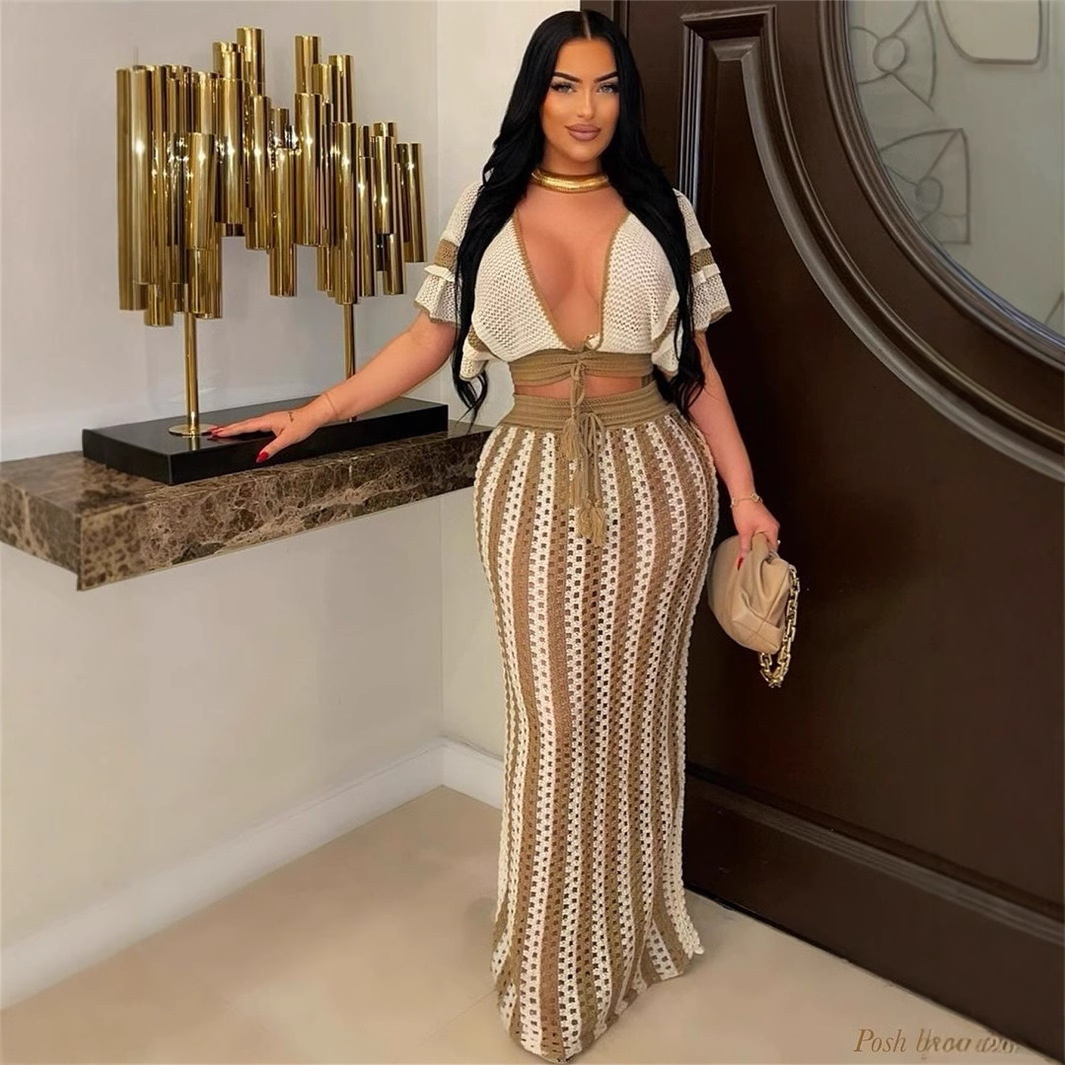 2025S Designer Women S Set New Women S Knitted Sexy Split Lace Short Sleeved Top With Waist Bag And Hips Half Length Long Skirt Set