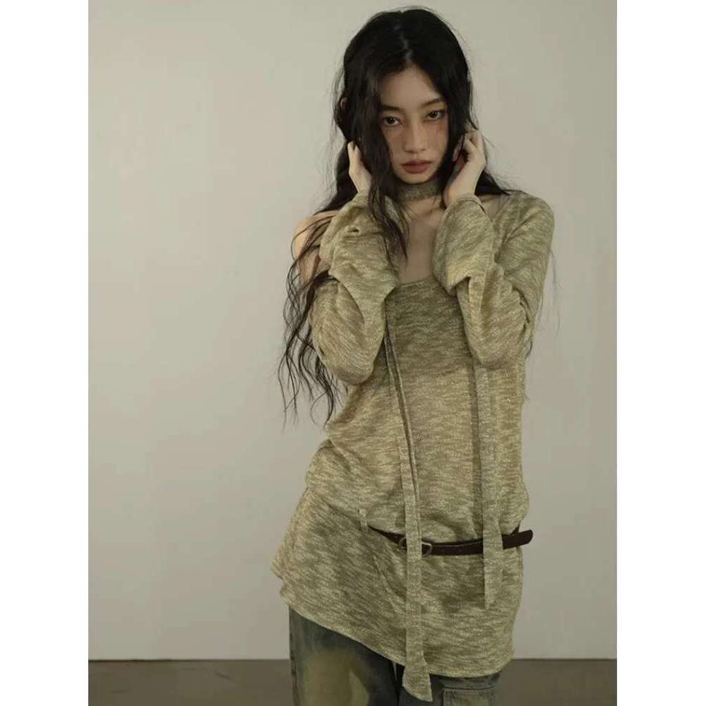 Women's 2024 Summer And Autumn Wasteland Style Thin, Loose, Slim, Casual One Shoulder Long Sleeved Top T-Shirt