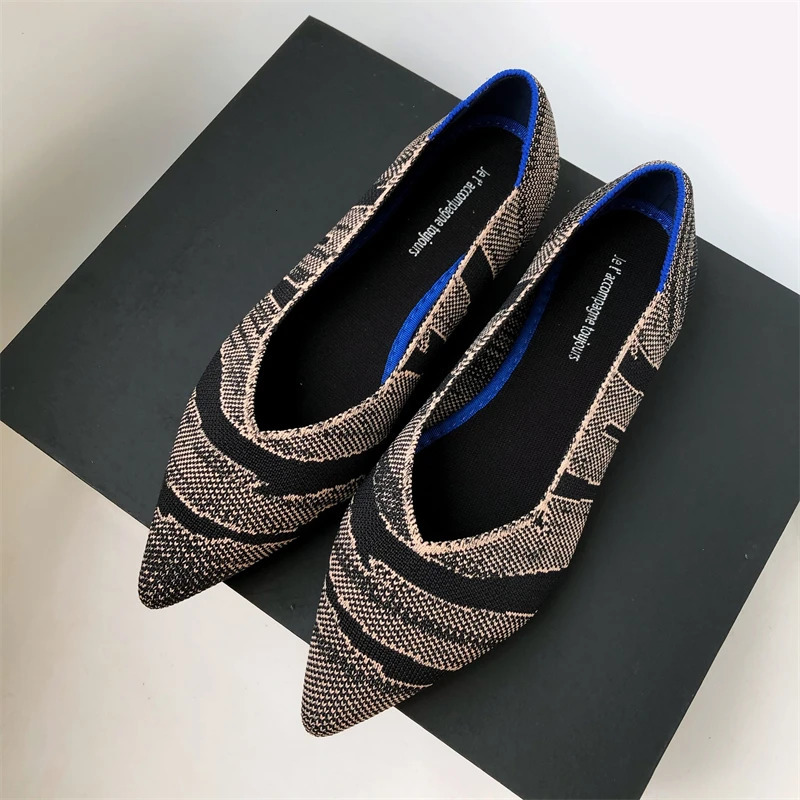 Womens Flat Shoes Ballet Breathable Knit Pointed Flats Moccasin Mixed Color Soft Women Zapatos De Zapatillas Mujer Loafers 250402