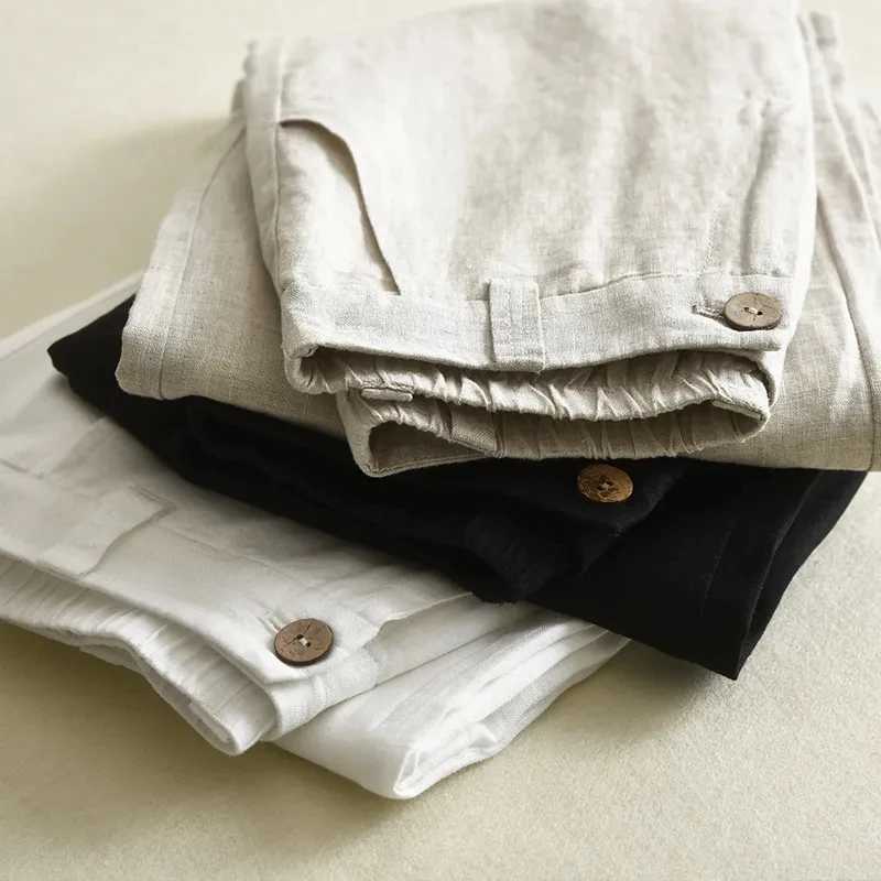 Womens cotton linen straight pants elastic high waist wide leg pants Fe spring summer solid color loose linen pantsXJ250403