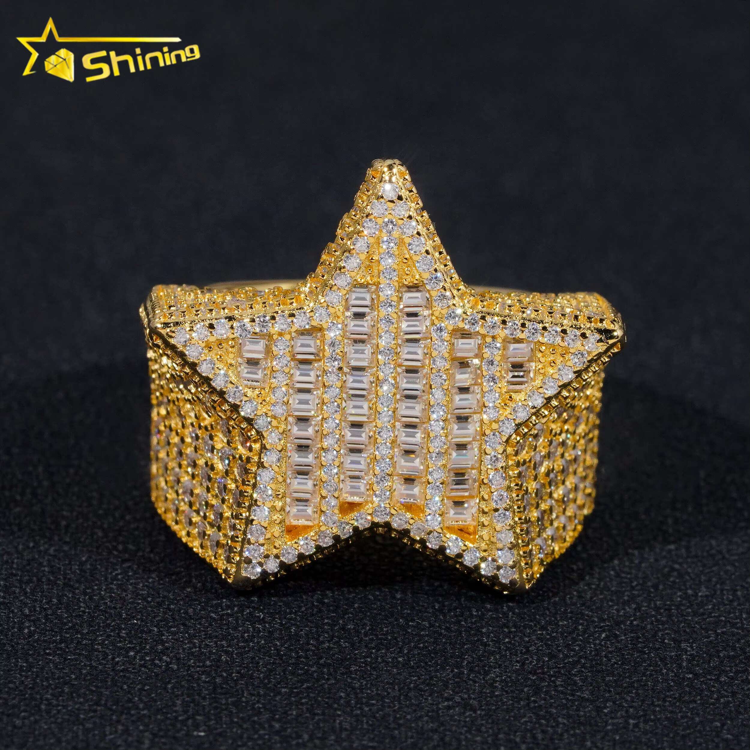 Fine Jewelry Luxury Design Baguette Diamond Hip Hop Star 925 Silver Iced Out Mens Moissanite Ring