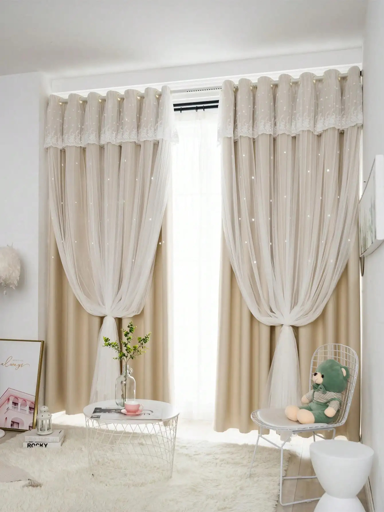 Ins French Light Deluxe Double Layer with Transparent Lace Curtains Suitable for Girls Bedroom Living Room Villa Decoration 250409