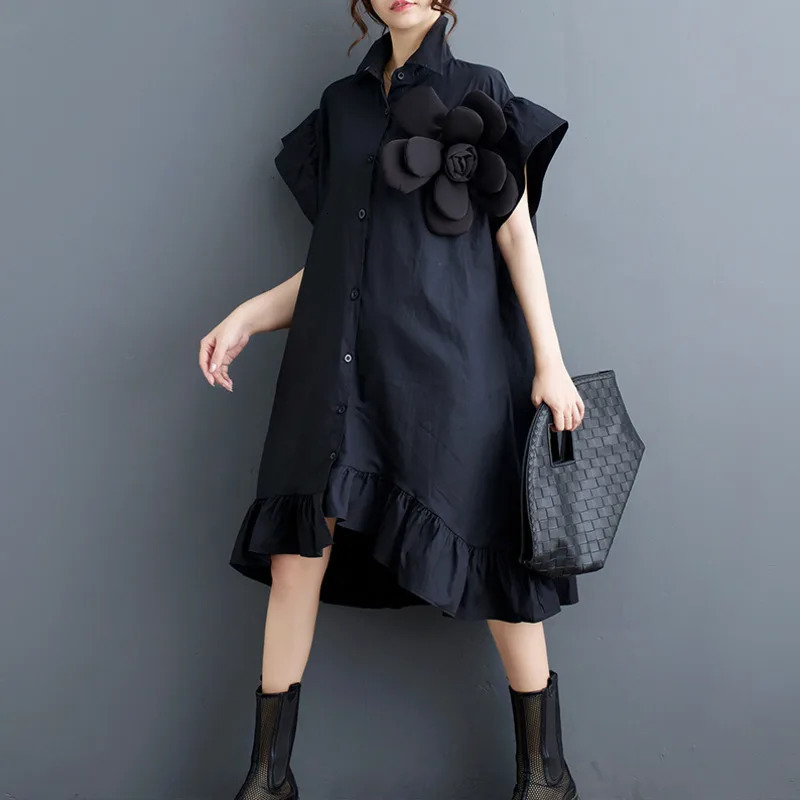 Wxw3917 black red asymmetrical shirt womens butterfly sleeves spliced work flower Aline front loose dress 250409