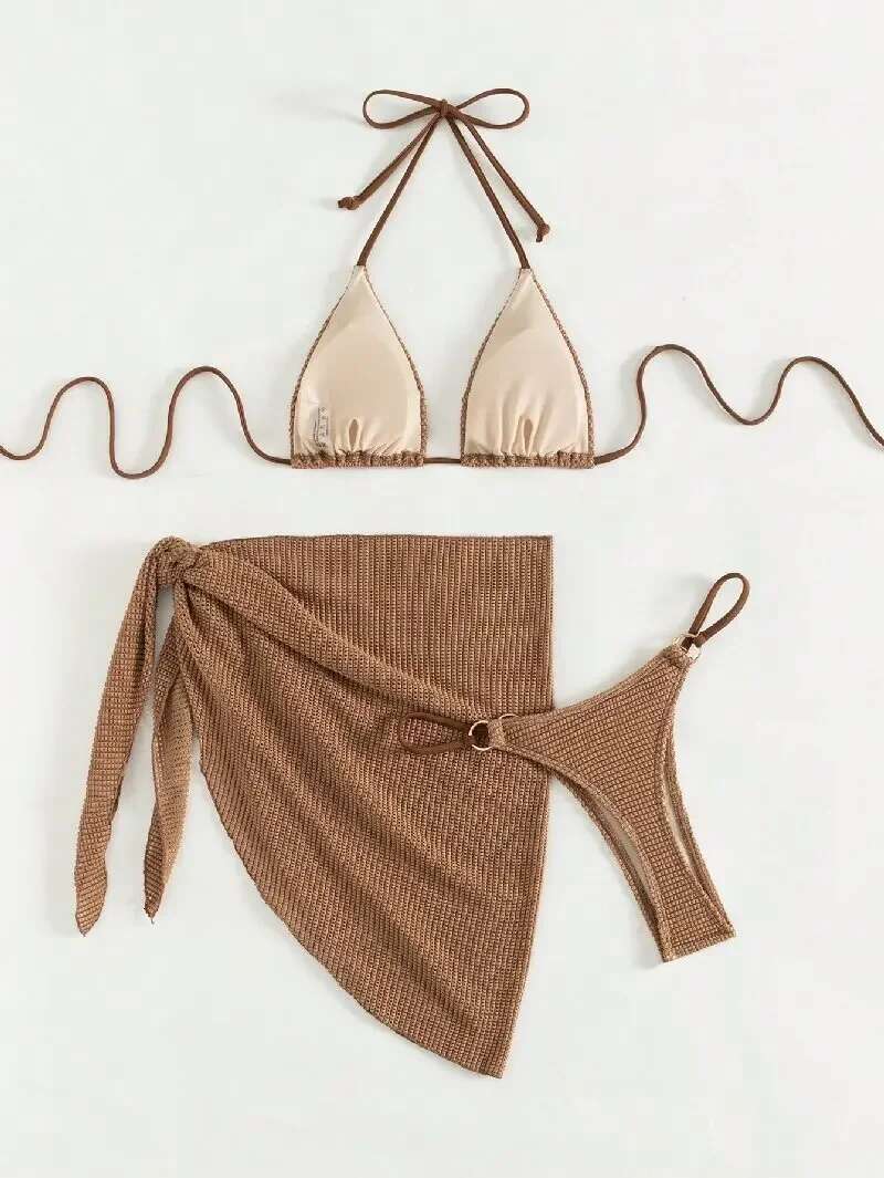 Sexy Brown Bikini Set 2024 Women Halter Push Bra Skirt 3 Piece Swimsuit Summer Bathing Suit Cover Up Thong Swimwear Biquini