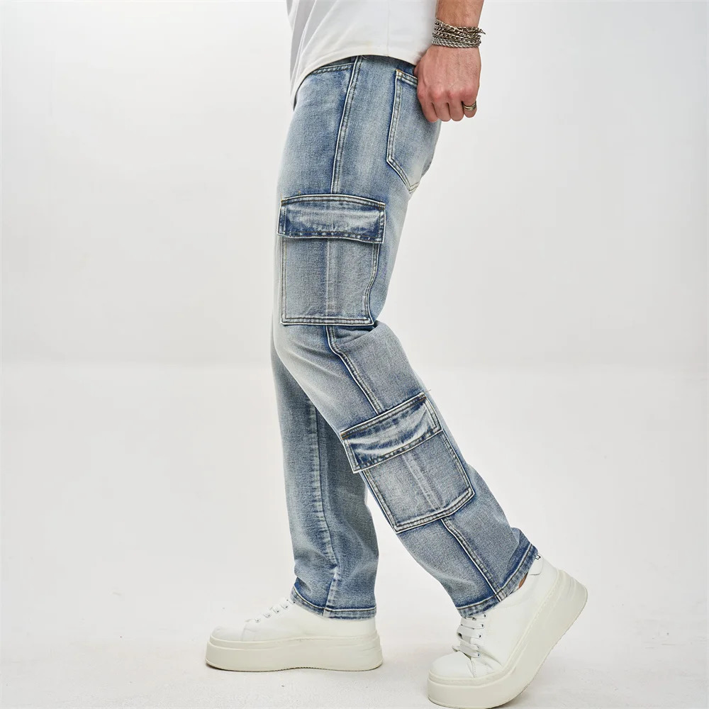 Fashionable multi pocket mens loose cargo jeans Trouser motorcycle mens solid carpenter casual straight jeans 250408