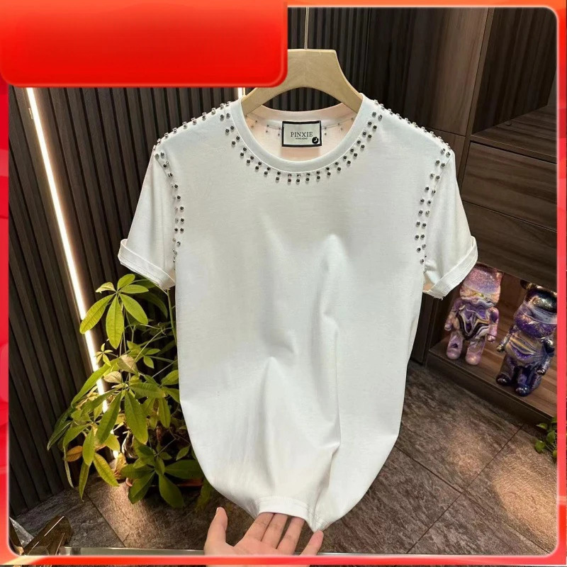 Fashionable mens fried street heavy rivet short sleeved T-shirt for male students Korean version loose fit oversized shirt 250408