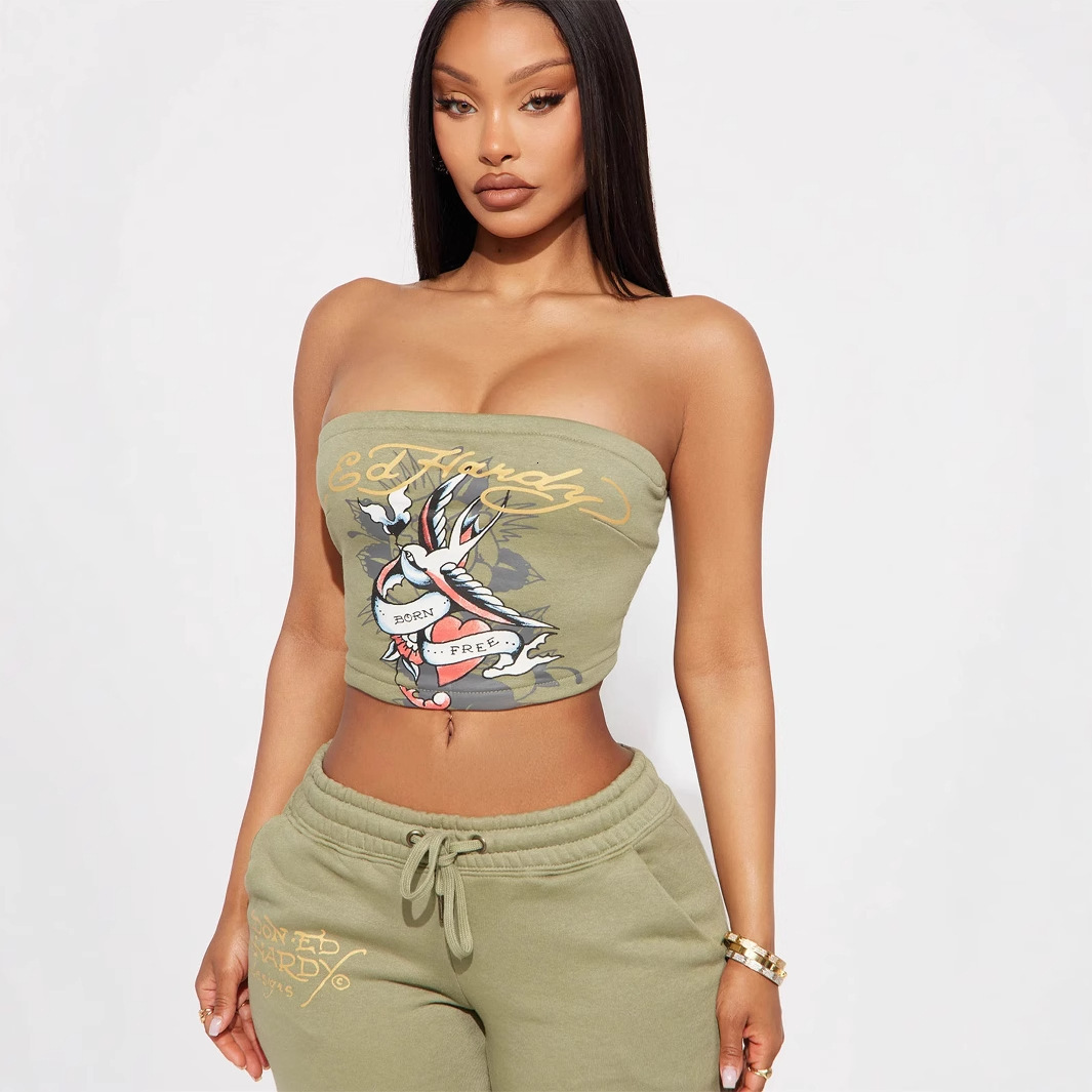 2025S Designer Women S Set New Sexy Trendy Brand Printed Strapless Exposed Navel Top With Waist And Hip Pants Set