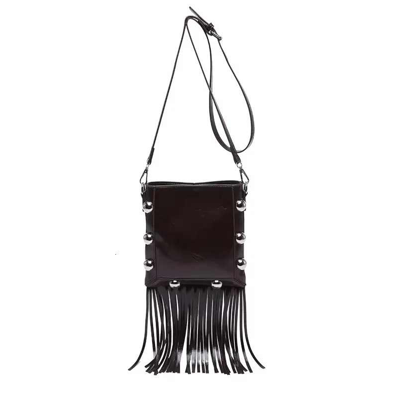 Tassel buckle shoulder bag PU solid color rivet highquality womens fashion version ethnic cross body 250408