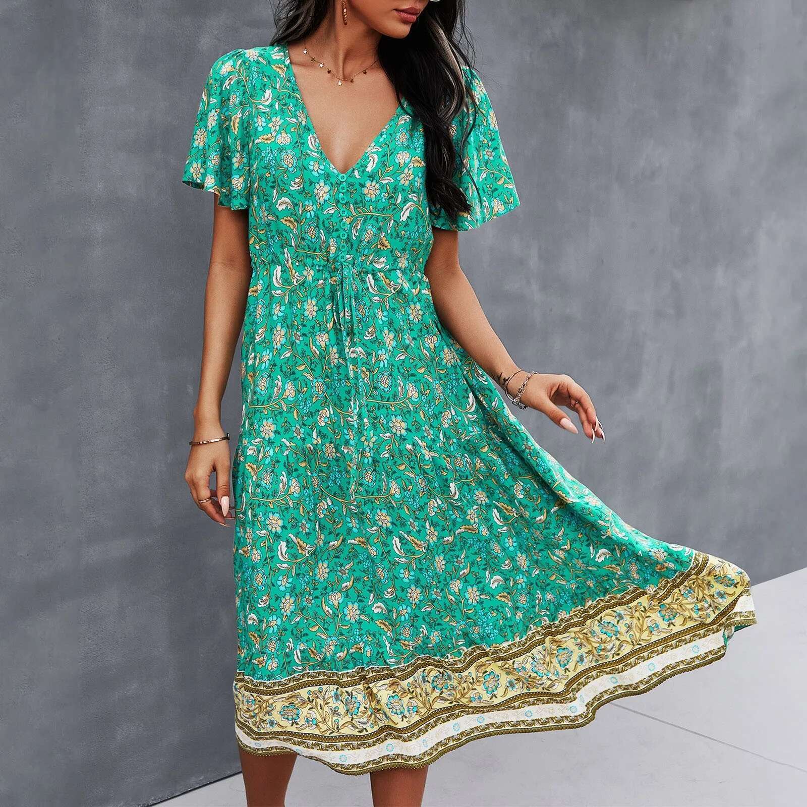 Dongdumaoyi Vintage Floral Print Dress Chic Fashion Women Cotton Bohemian Button Maxi Dresses Ladies V Neck Summer Beach Boho Vestidos