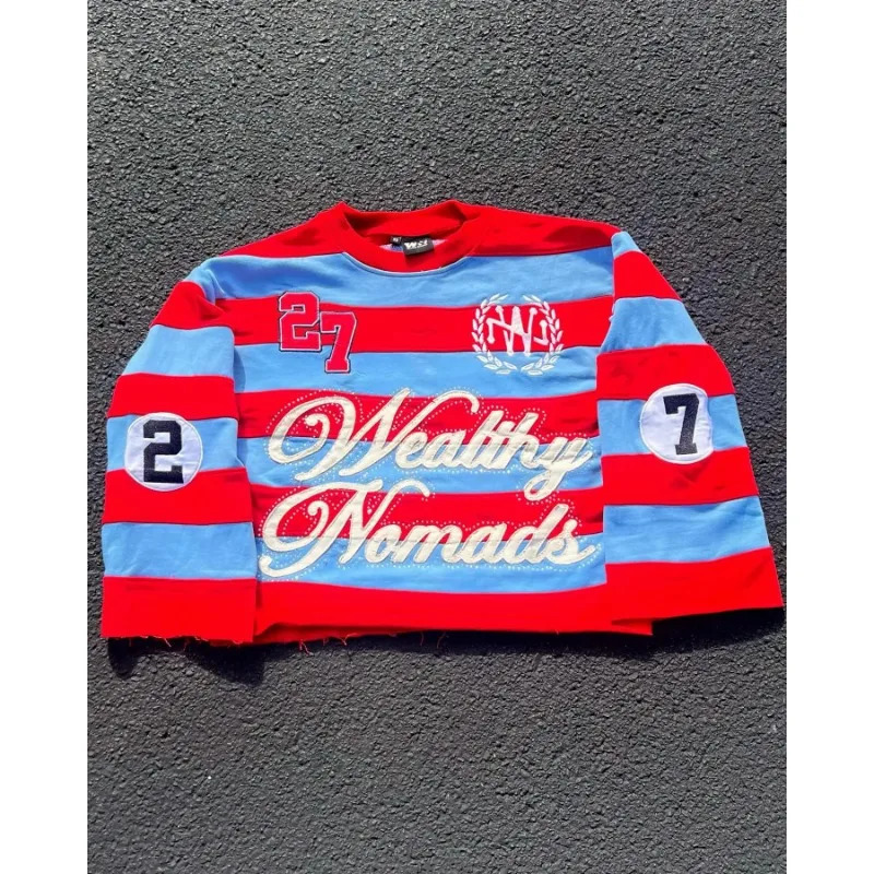 Harajuku letter y striped color block Oneck long sleeved Tshirt mens hiphop gothic punk skateboard top 250409