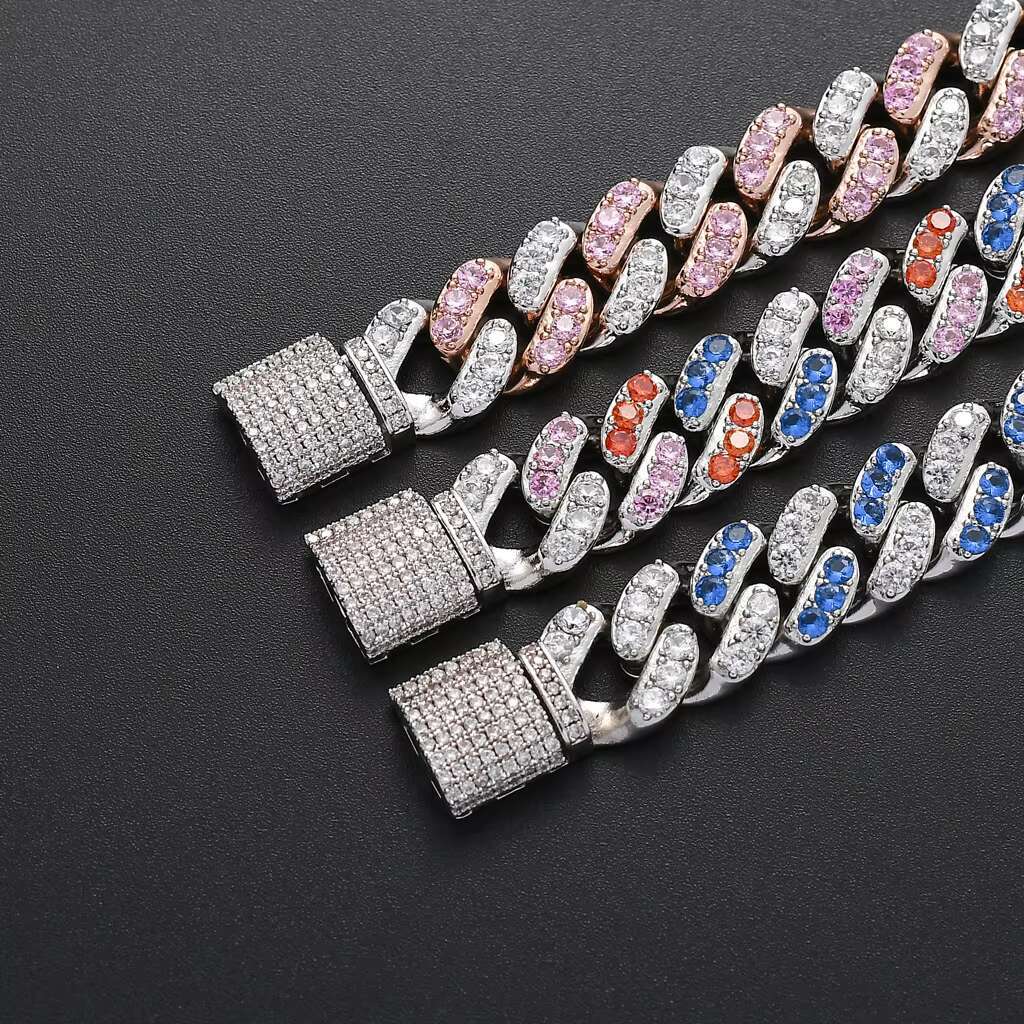 Colorful Rainbow Pink White CZ Miami Cuban Link Chain Hip Hop Iced Out Diamond Bracelet Fashionable Jewelry